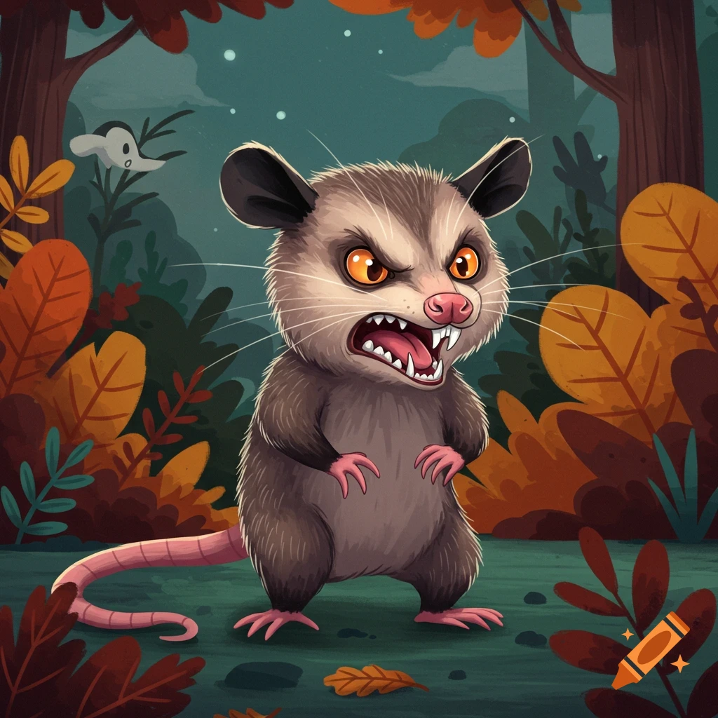 An angry cartoon possum with orange eyes, sharp teeth, and bared fangs ...