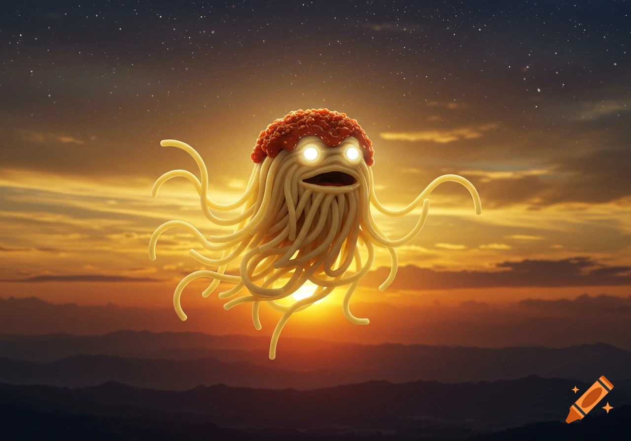 A flying Spaghetti Monster with glowing eyes and a meatball head against a dramatic sunset sky over mountains.