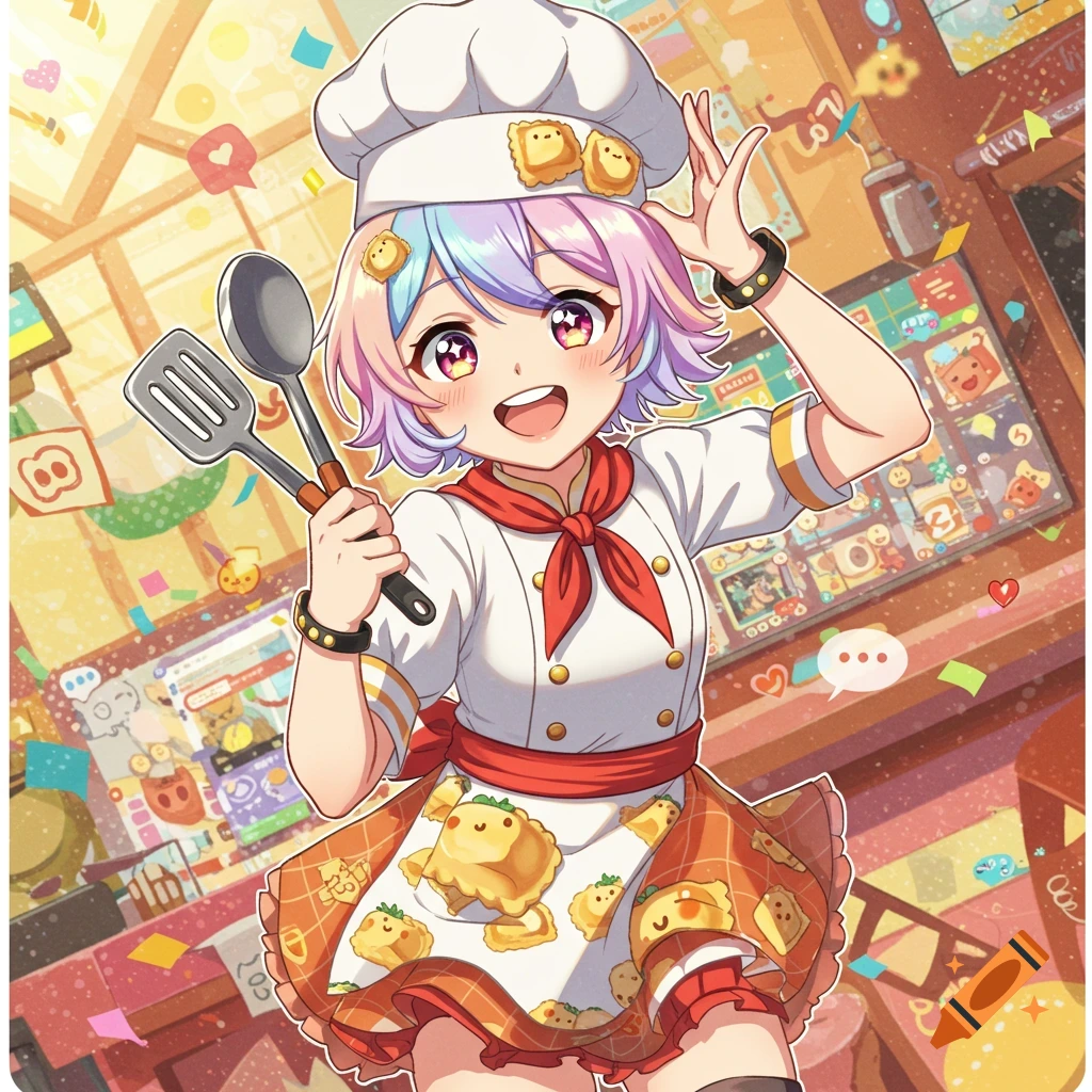 A cheerful anime girl with rainbow hair, dressed as a chef, holding a spatula and spoon, with ravioli characters on her uniform.