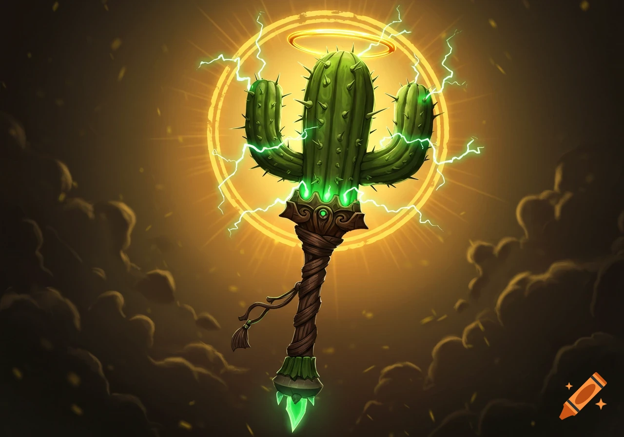 A stylized glowing green cactus weapon with a wooden handle, surrounded by golden light and electricity, in a dark, cloudy sky.
