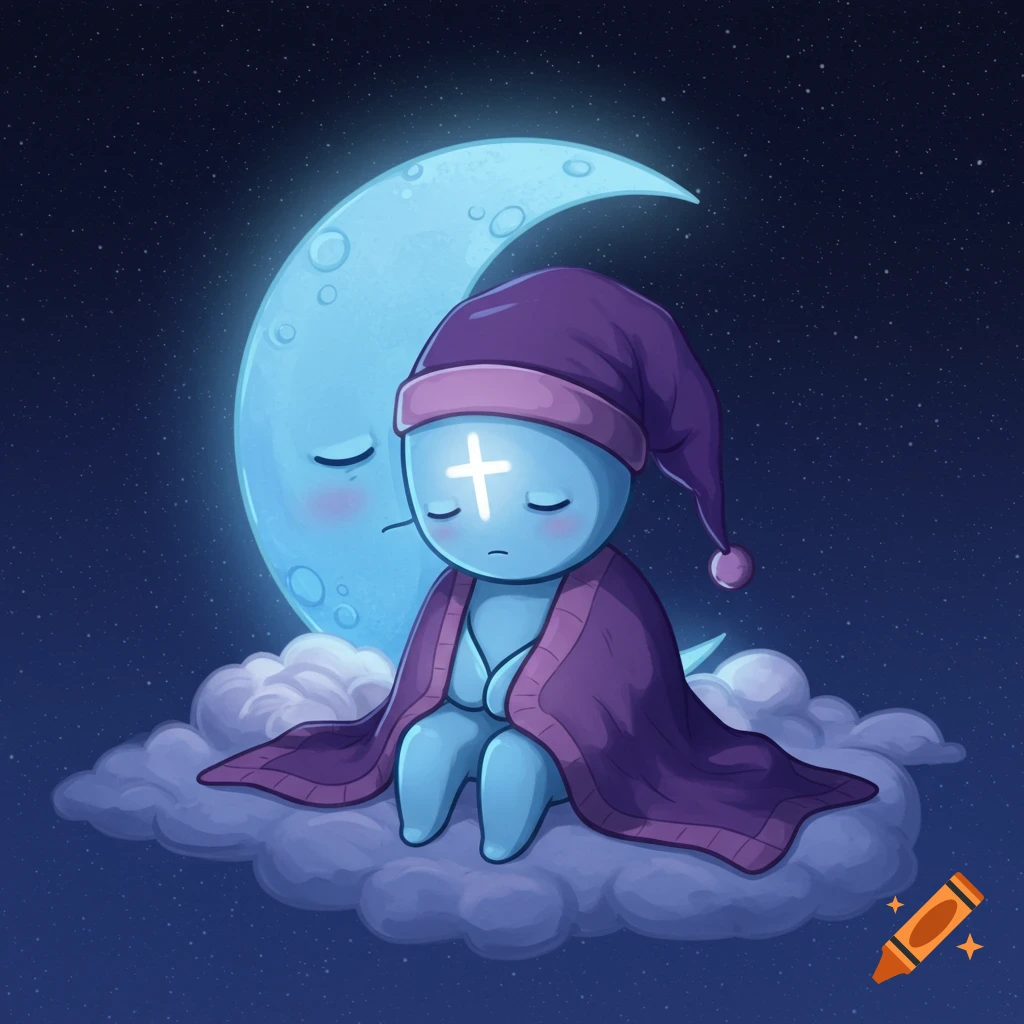 Cute light blue creature in a purple hat and blanket sleeps on a cloud with a sleeping crescent moon in a starry night.