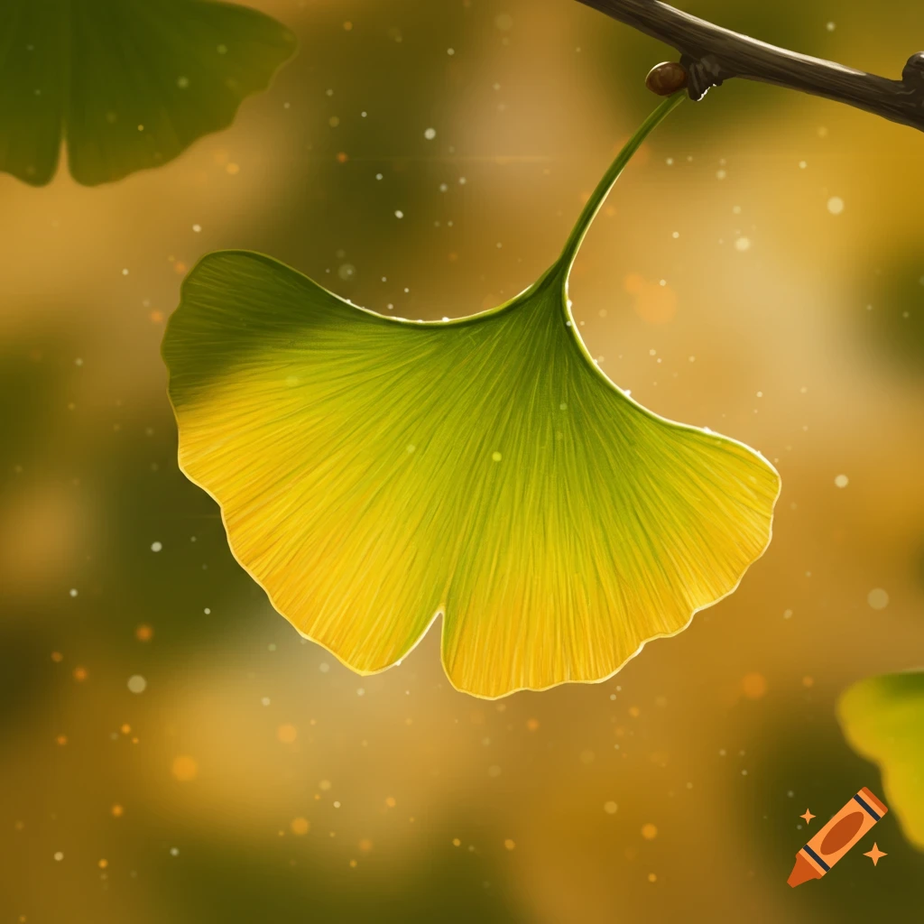 A vibrant green and yellow ginkgo leaf, backlit against a soft, blurry golden background with glowing specks, in an artful style.