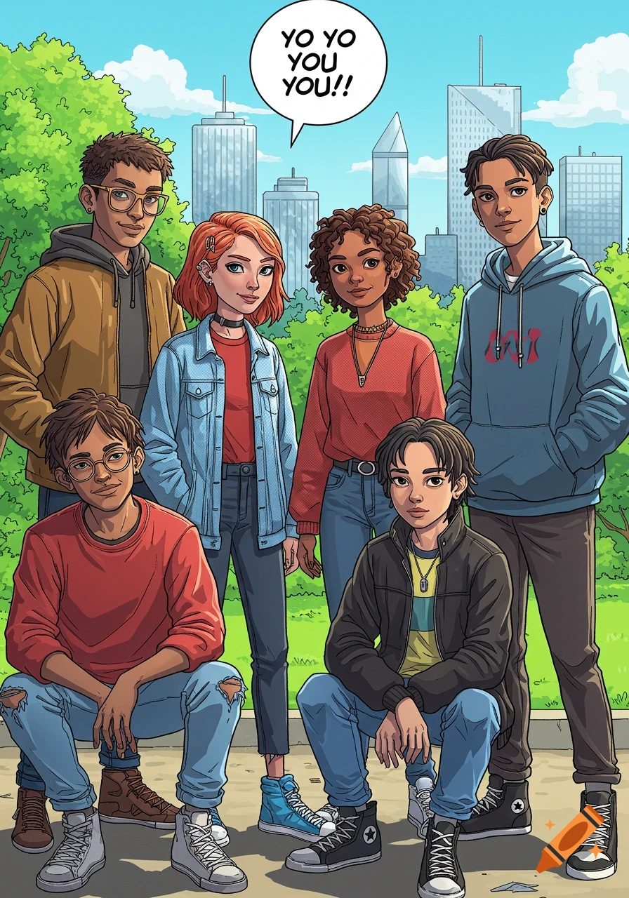 Six diverse young people in comic style, with a speech bubble reading "YO YO YOU YOU!!" standing in a park with city buildings behind them.