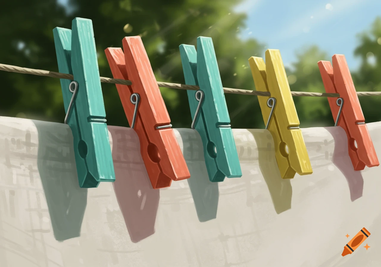 Colorful clothespins (teal, red, yellow) hanging on a clothesline with a white sheet, under a sunny sky and green trees in a painterly style.