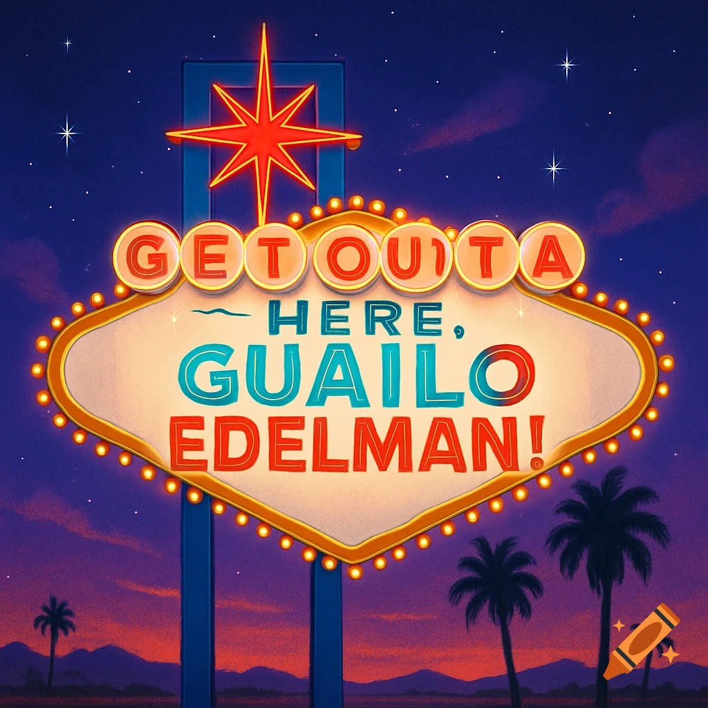 A colorful Las Vegas-style neon sign at sunset reads 'GET OUTTA HERE, GUAILO EDELMAN!', with palm trees and mountains.
