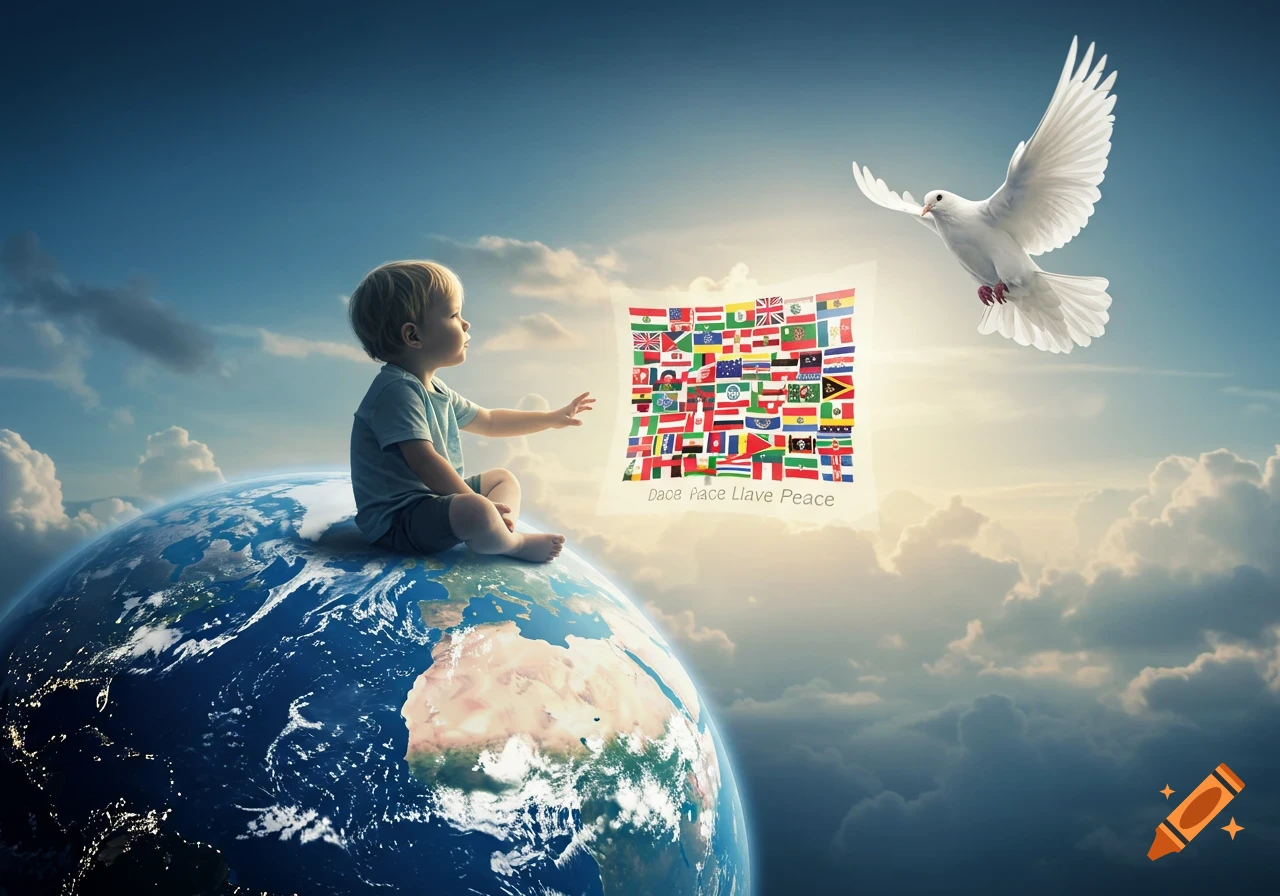 A baby sits on a glowing Earth, reaching towards a banner of world flags and garbled text. A white dove flies overhead in a cloudy sky.