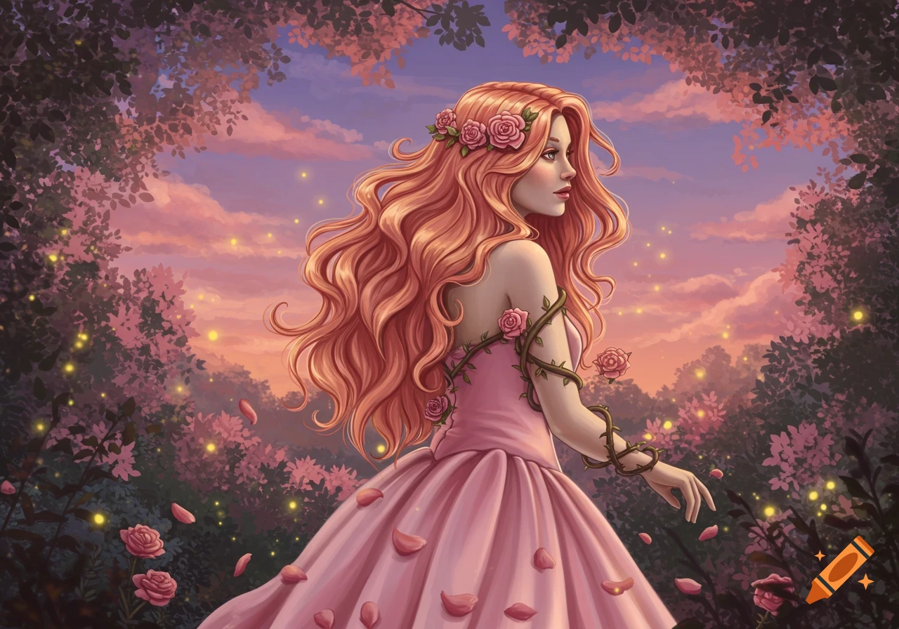 A woman with long coral hair, roses, and a pink dress stands in a dreamy rose garden at sunset.