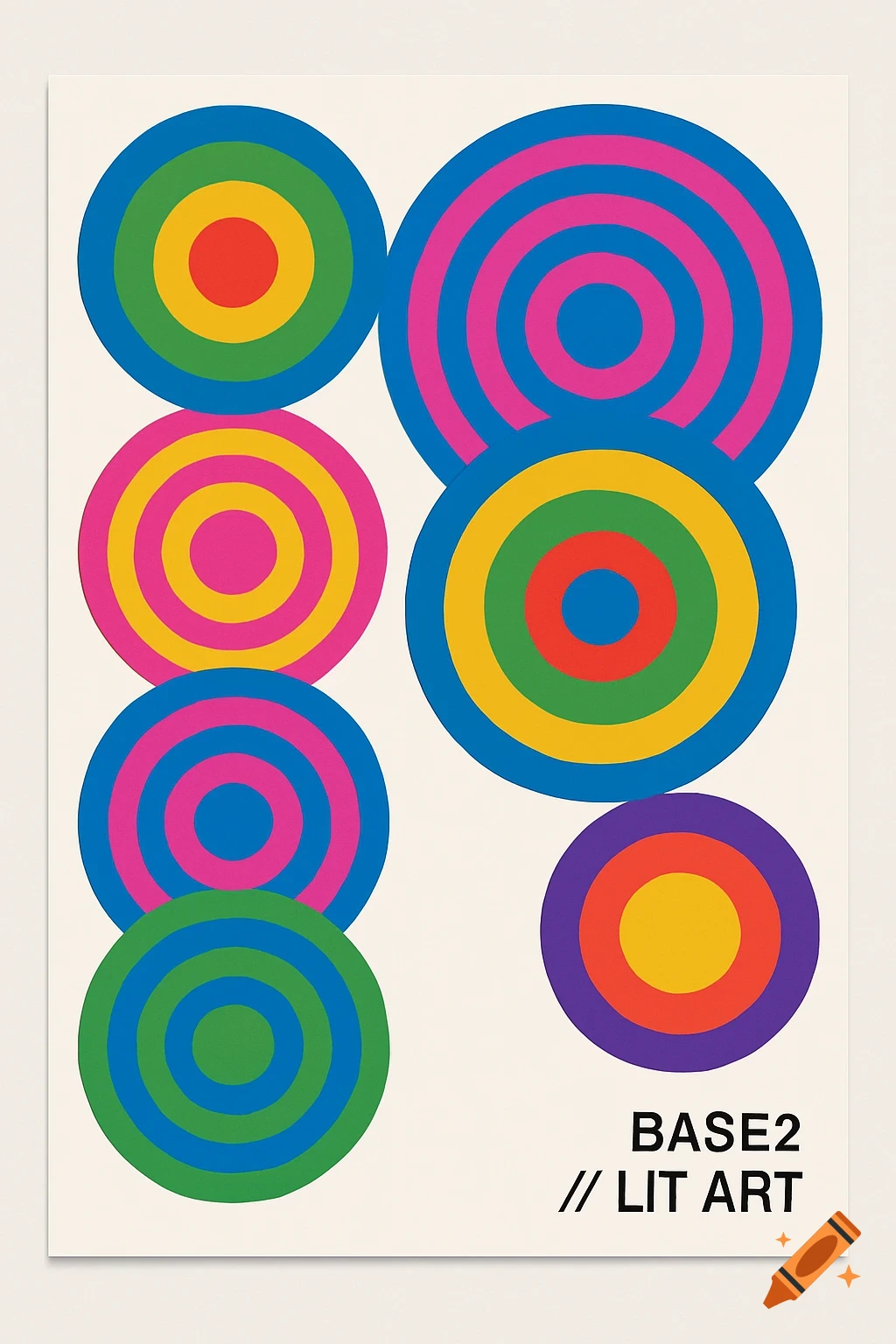Minimalist poster with colorful concentric circles and 'BASE2 // LIT ART' text on a white background.