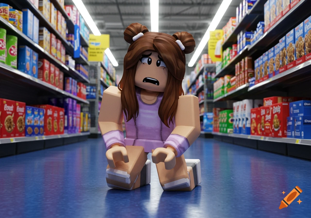 A distressed Roblox girl kneels on the blue floor of a supermarket aisle, surrounded by shelves stocked with products.