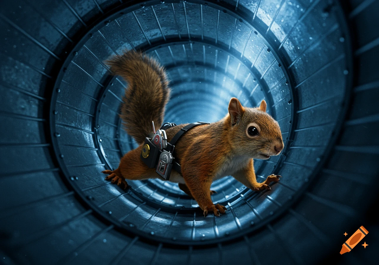 A photorealistic squirrel wearing a harness with tech gear crawls through a dark, ribbed, futuristic tunnel.