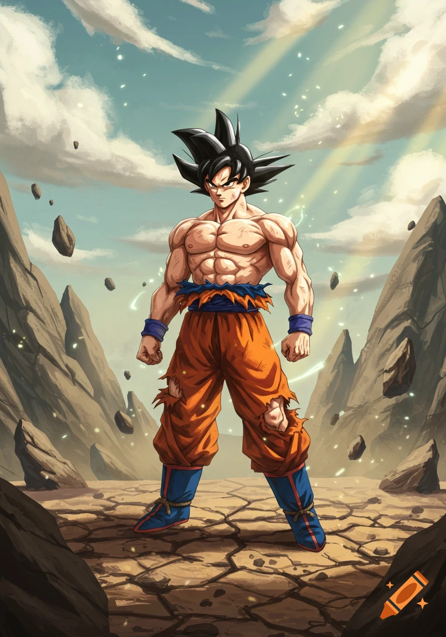 Goku in his base form, shirtless with torn orange pants, stands powerfully in a desolate, cracked rocky landscape under a dramatic sky.