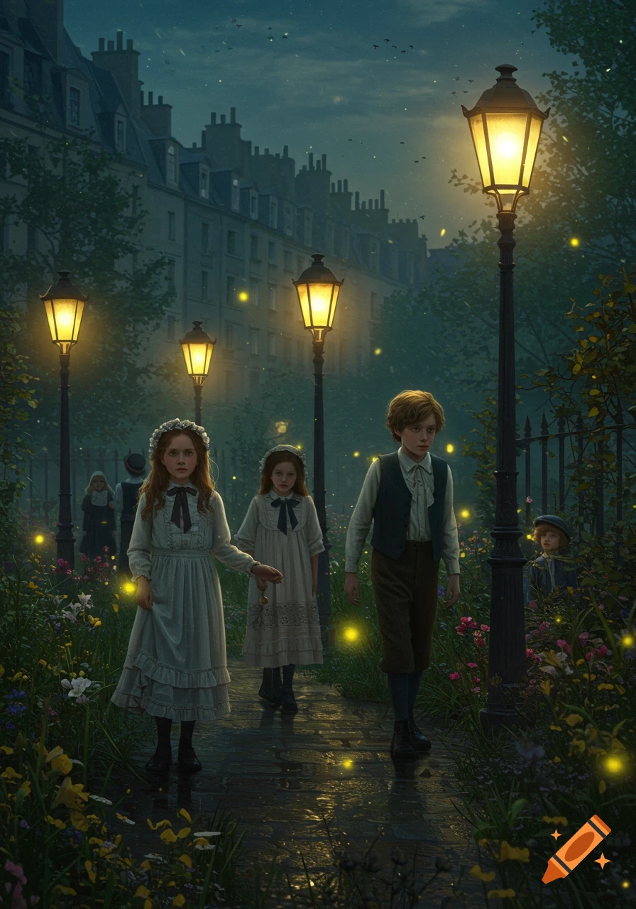 Children in period clothing walk on a path at night, illuminated by glowing fireflies and streetlights, with old buildings in the background.