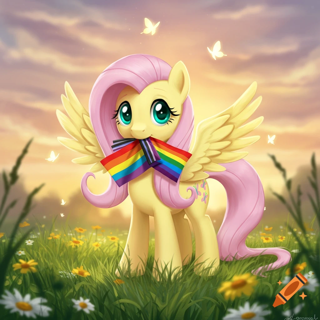 Fluttershy, a winged yellow pony with pink hair, stands in a flowery meadow at sunset, holding two LGBTQ+ flags in her mouth.