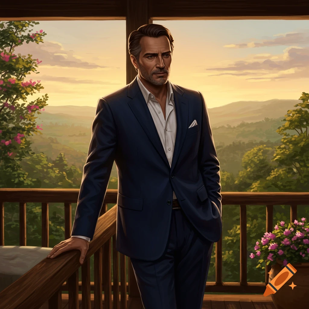 A stylish man in a dark blue suit stands on a wooden balcony, overlooking a serene green mountain landscape at sunset.
