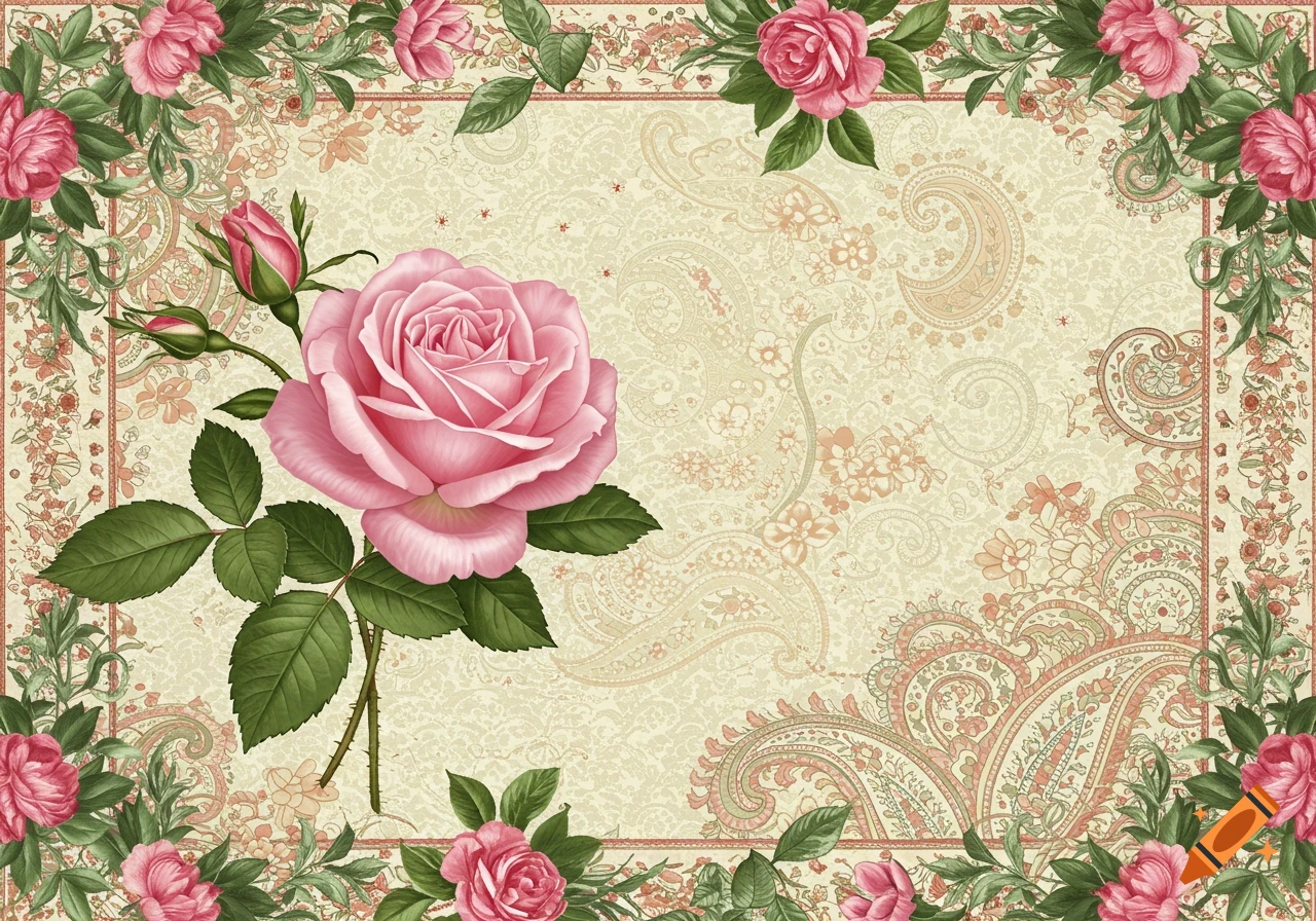 A large pink rose and bud with green leaves on a cream paisley background, framed by a border of smaller pink roses and foliage.
