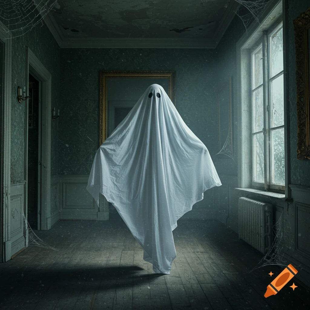 A sheet ghost with two black eyeholes floats in the center of a dusty, abandoned room with large windows, cobwebs, and peeling wallpaper, creating a spooky atmosphere.