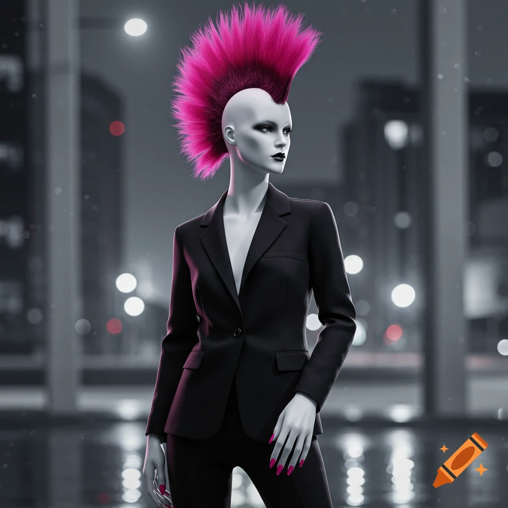A bald mannequin with a bright pink mohawk, dark makeup, and pink nails wears a black suit, standing against a blurred city night.