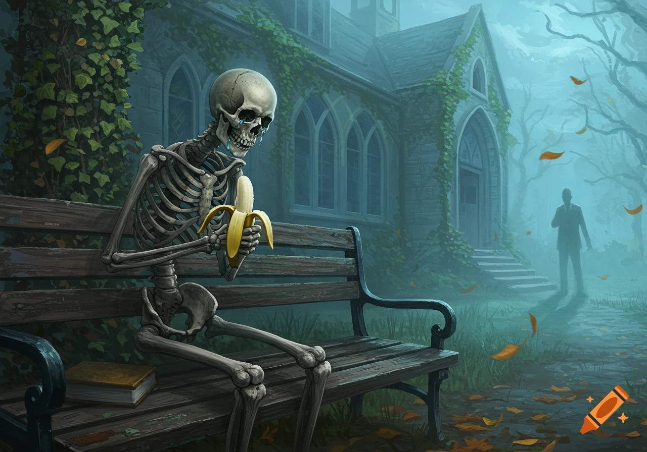 A crying skeleton sits on a bench, peeling a banana, in front of a misty, ivy-covered gothic building. A blurred figure stands in the distance.