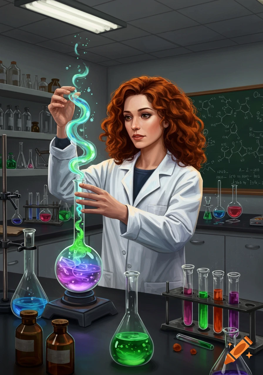 A red-haired scientist in a lab coat manipulates a glowing green and purple chemical reaction in a flask, surrounded by lab equipment, in a detailed digital art style.