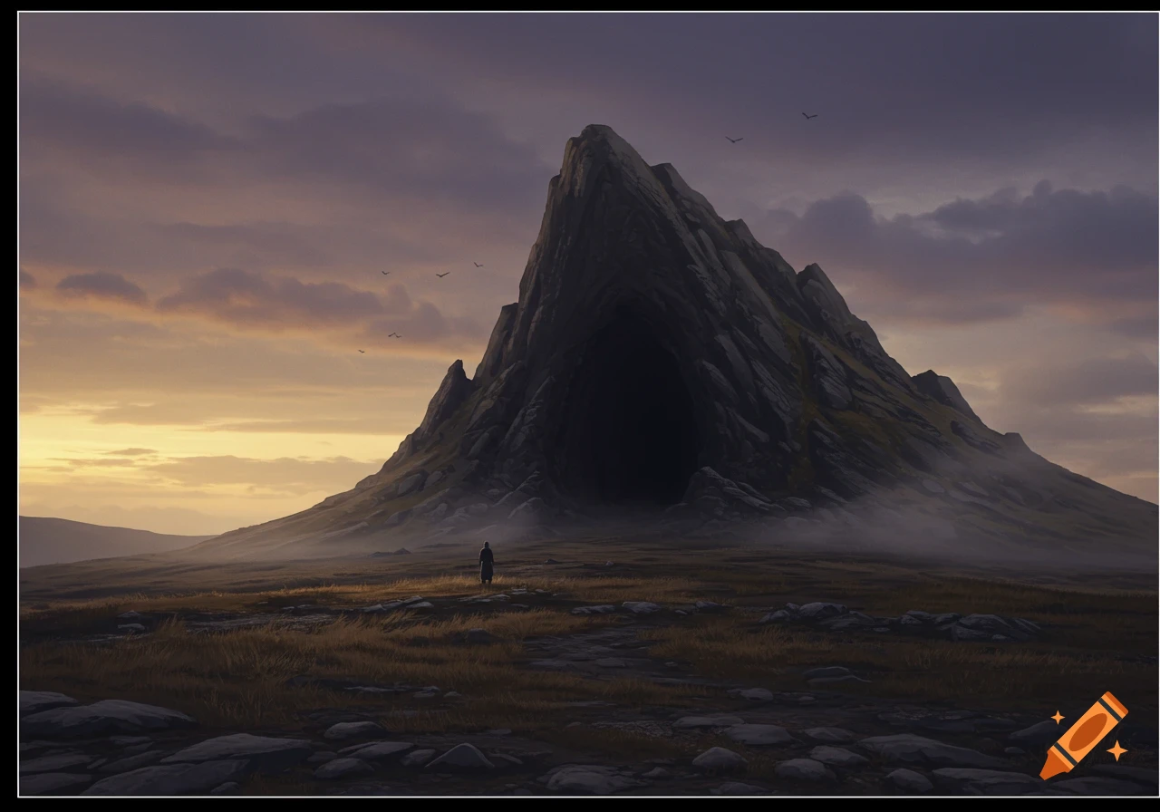 A lone figure stands before a dark, cavernous mountain in a misty, barren field under a dramatic dusk sky.