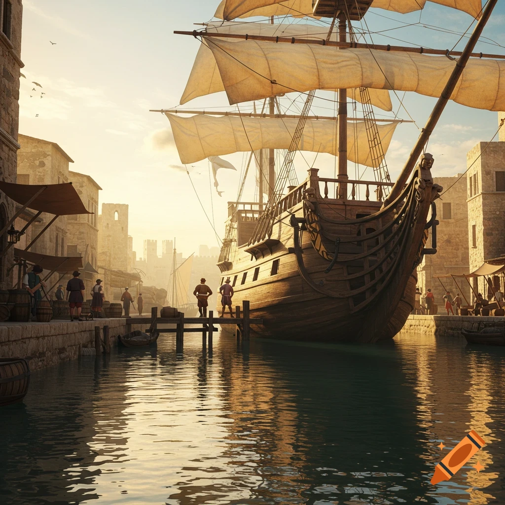 A large sailing ship docked in a bustling renaissance-era harbor at sunset, with people on the docks and ancient buildings.
