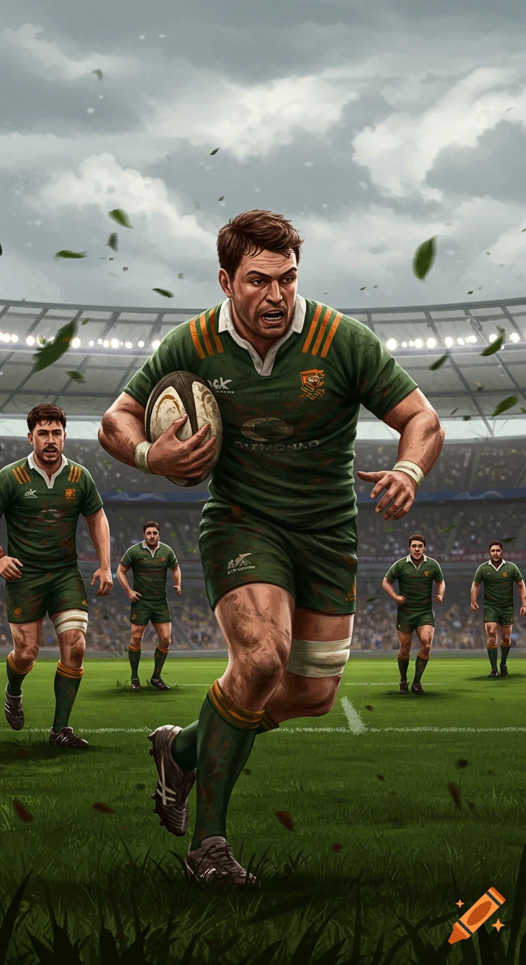 A determined rugby player runs with the ball on a muddy field during a game, with other players and a stadium in the background.