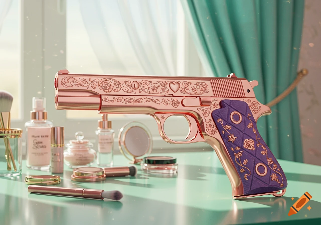 A pink gold pistol with rose and heart engravings and a purple grip sits on a vanity table with cosmetics.