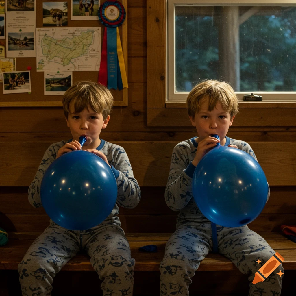 Two boys in pajamas sit on a wooden bench, blowing up large blue balloons.