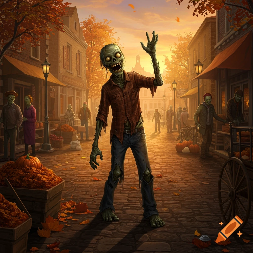 A friendly zombie waves hello in an autumn-themed town square at sunset, surrounded by other zombies, leaves, and pumpkins.