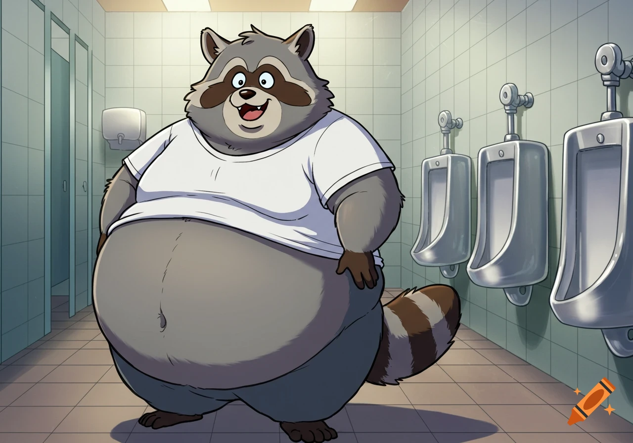 A fat, smiling cartoon anthropomorphic raccoon wearing a white t-shirt stands in a public restroom with urinals.