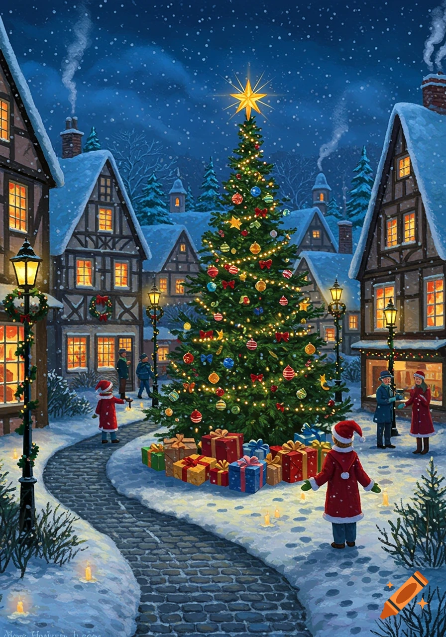 A magical snowy Christmas village at night with a grand decorated tree, street lamps, and warmly lit houses, in a painterly style.