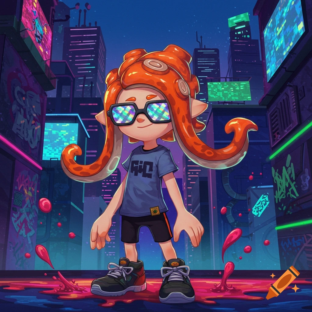 A cartoon Inkling character with orange tentacles and sunglasses stands in a neon-lit urban alley covered in pink ink.