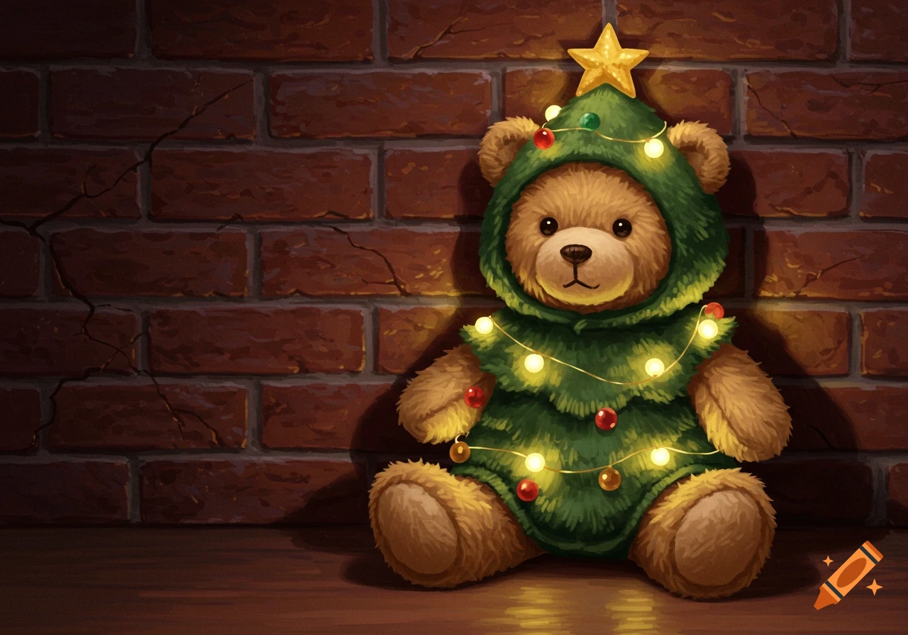 A cute tan teddy bear in a green Christmas tree costume with lights and a star on its head, sitting against a brick wall.
