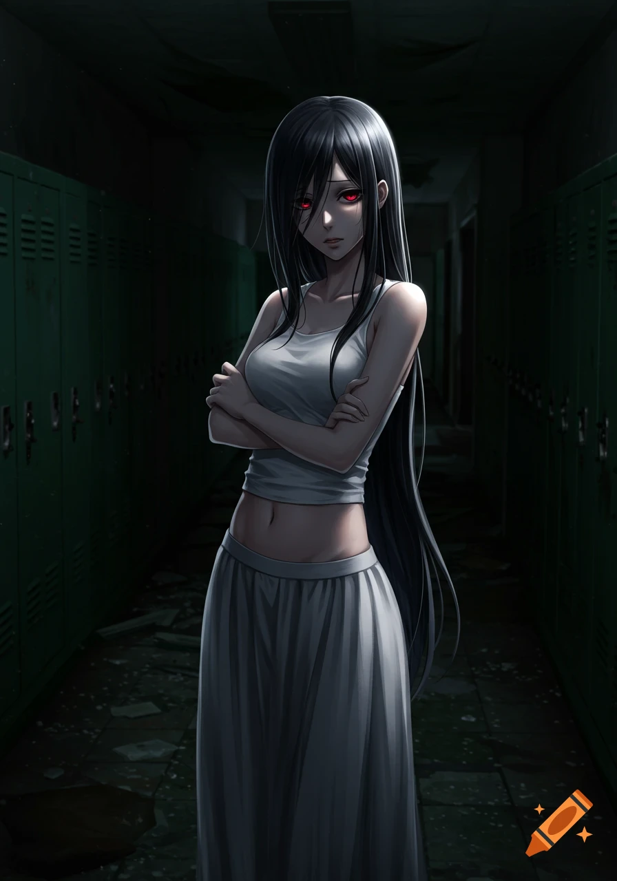 Anime onryo woman with red eyes, long black hair, white tank top, and long skirt stands with crossed arms in a dark, trashy school hallway with green lockers.