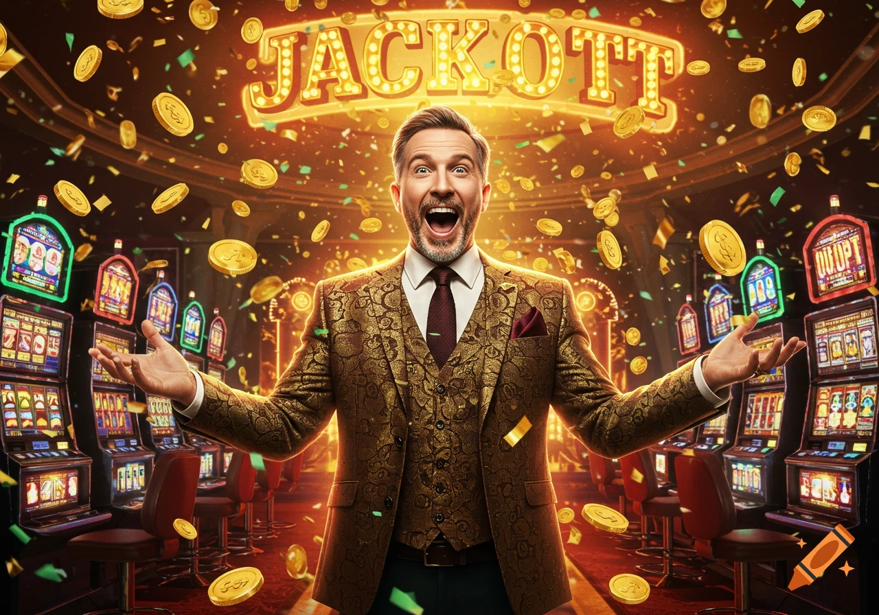 A joyful man in a gold suit spreads his arms in a vibrant casino with slot machines and falling gold coins under a 'JACKOTT' sign.