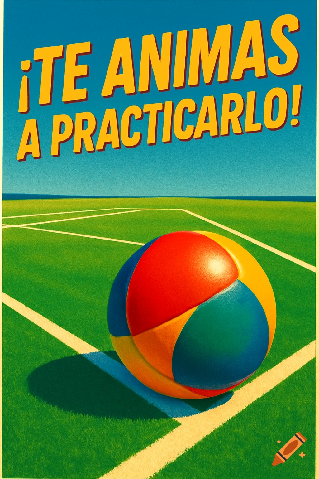 A vibrant poster shows a colorful ball on a green sports court with white lines, under a blue sky, featuring the Spanish text " R E ANIMAS A PRACTICARLO!".