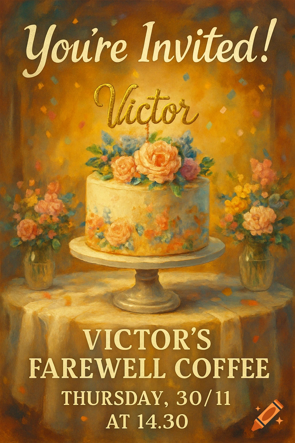 A vintage-style invitation poster with a decorated cake and flowers, featuring the text "You're Invited! Victor's Farewell Coffee Thursday, 30/11 AT 14.30".