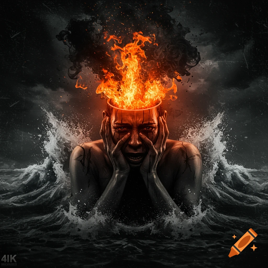 Surreal portrait of a person clutching their face with fire erupting from their head, surrounded by turbulent waves.