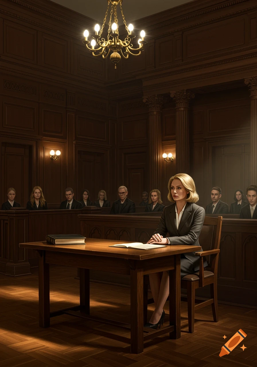 A blonde woman in a suit sits at a table in a dimly lit, wood-paneled courtroom, with others behind her.