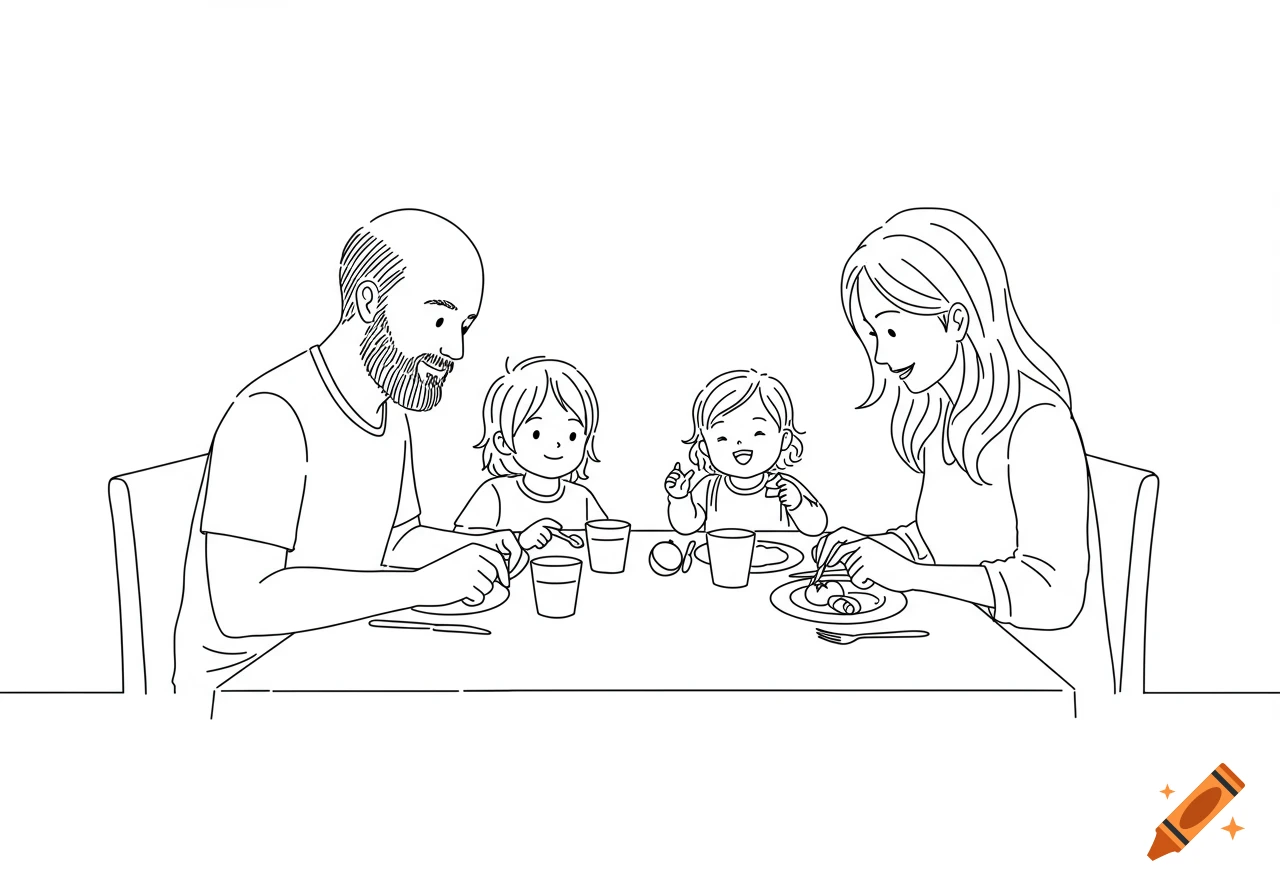 Line drawing of a family of four (dad, mom, two children) eating breakfast together at a table.