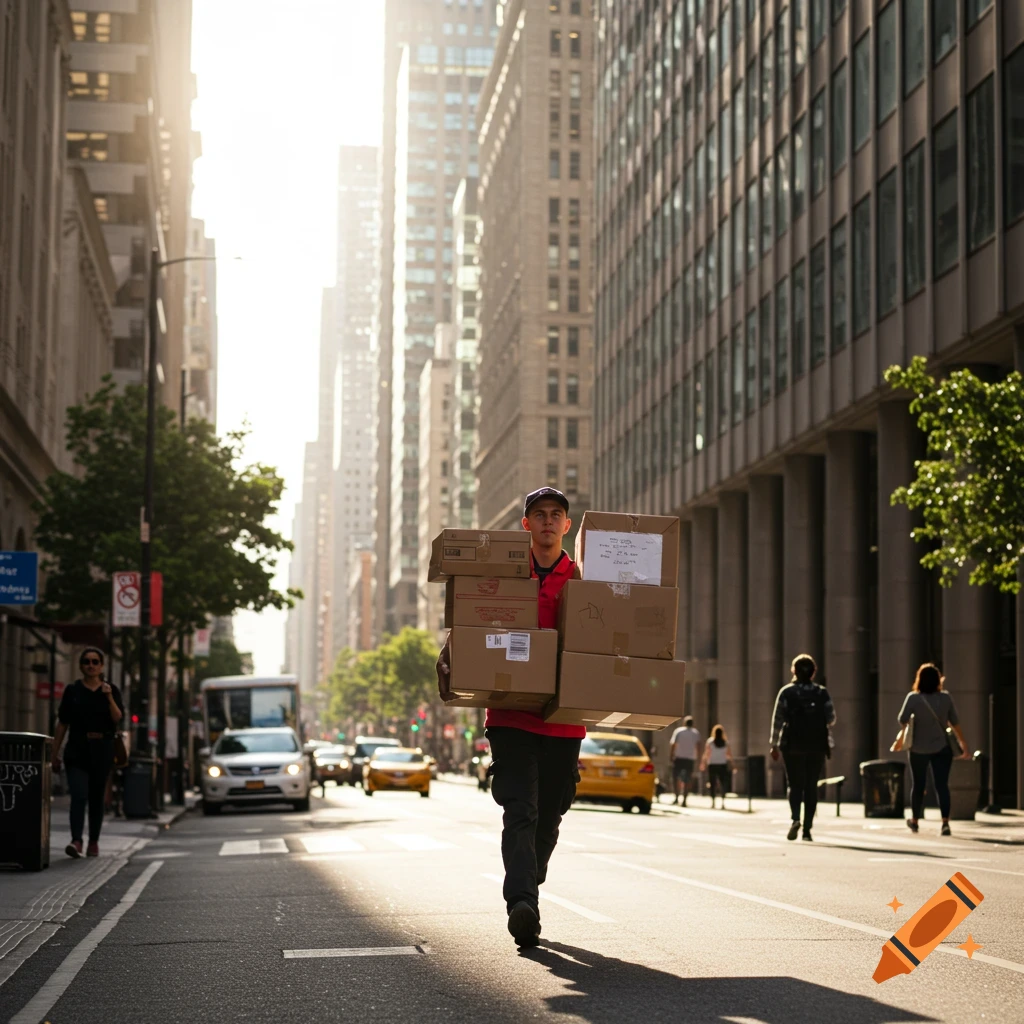 A man in a red shirt and cap carries a stack of delivery boxes down a bright city street, with cars and buildings in the background.