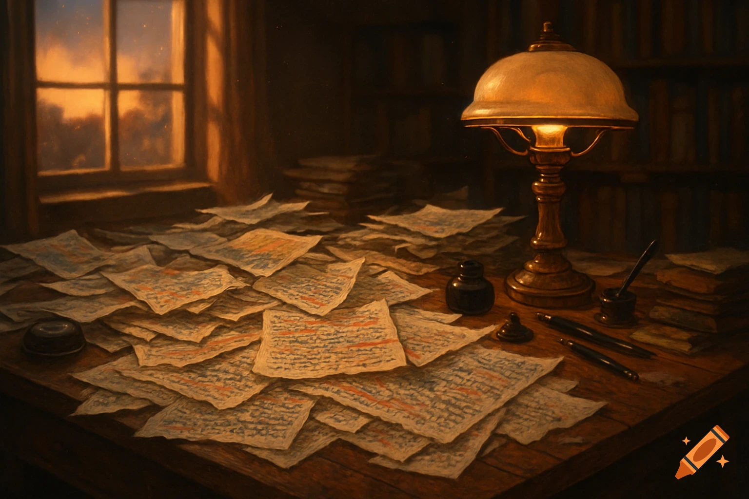 A dimly lit, painterly still life of a wooden desk covered with scattered papers, an antique lamp, inkwell, and pens. A window shows a sunset.
