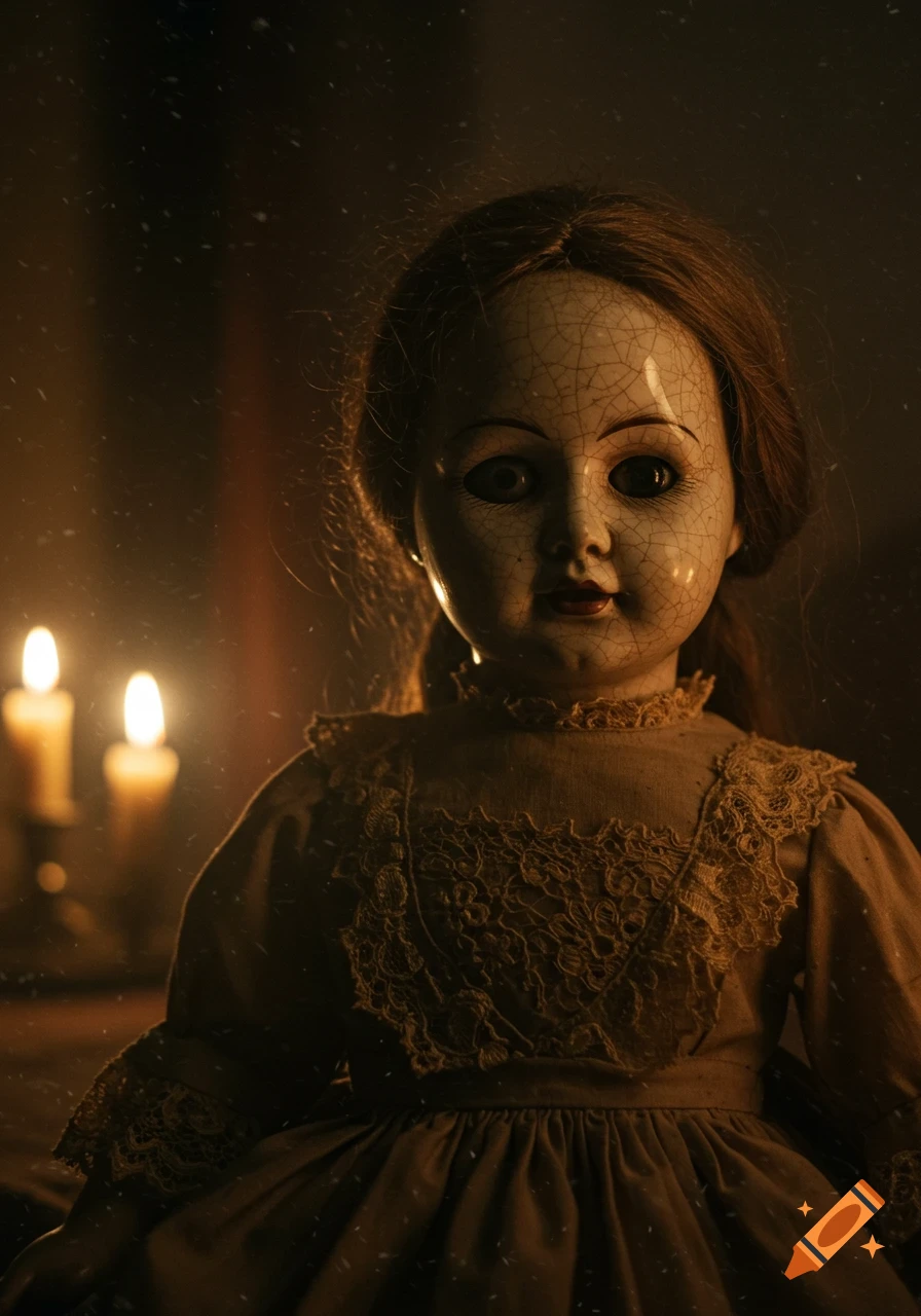 Eerie old porcelain doll with a cracked face in a dimly lit Victorian room, illuminated by soft candlelight, photorealistic.