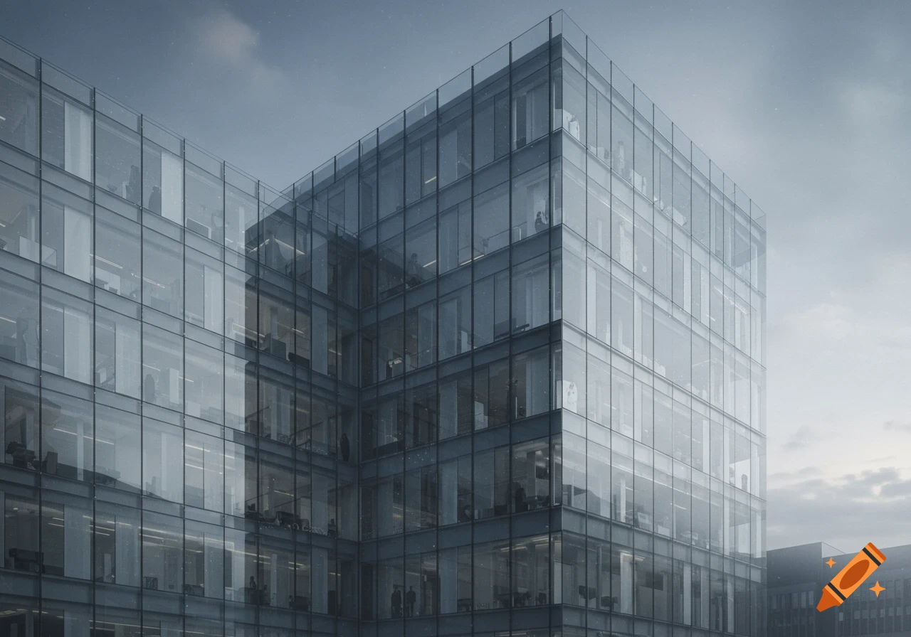 A modern glass office building facade with many windows reflecting the cloudy sky. The building has a minimalist design.