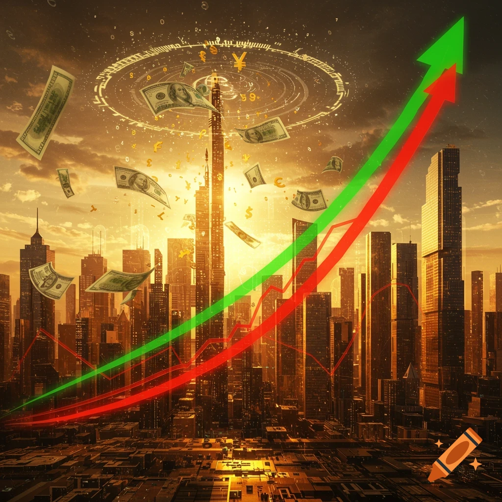 A stylized cityscape at sunset with dollar bills falling, golden currency symbols, and large red and green upward-trending arrows indicating growth.