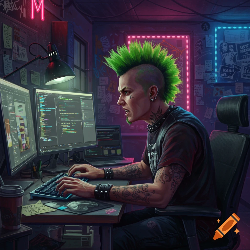 A punk man with a bright green mohawk sits at a desk in a neon-lit room, intensely coding on multiple computer monitors in a digital art style.