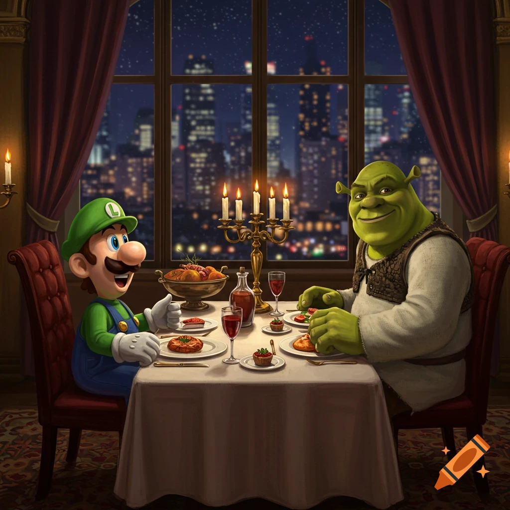 Luigi and Shrek enjoy a fancy candlelit dinner date at a table overlooking a city skyline at night.