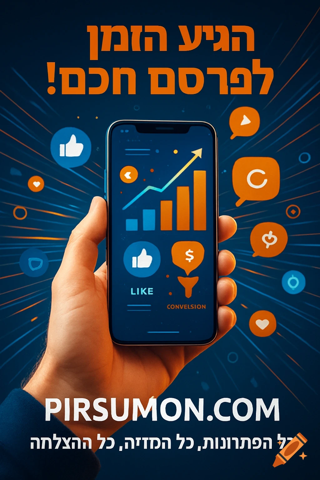 A hand holding a smartphone displaying analytics graphs and social media icons, against a background of vibrant tech lines, advertising a digital marketing platform.