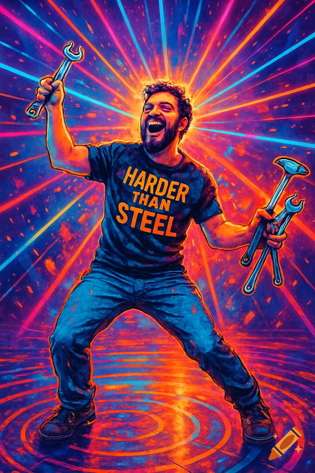 Vibrant pop art of a man dancing with tools, wearing a 'HARDER THAN STEEL' shirt against a neon disco background.