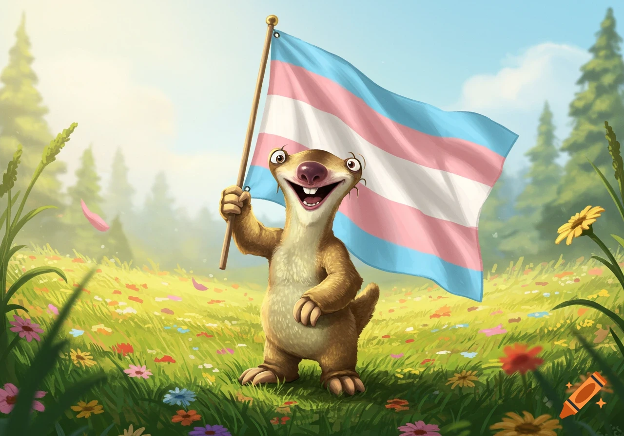 Sid the Sloth from Ice Age, smiling and standing in a sunny, flowery meadow, holds a transgender flag.